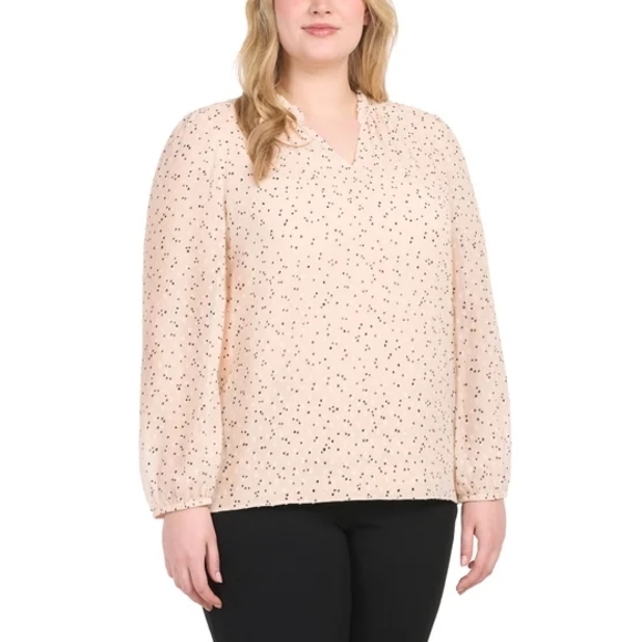Women's Light Peach Cream Long Sleeve Blouse with Black Dots, Size L - Picture 5 of 7
